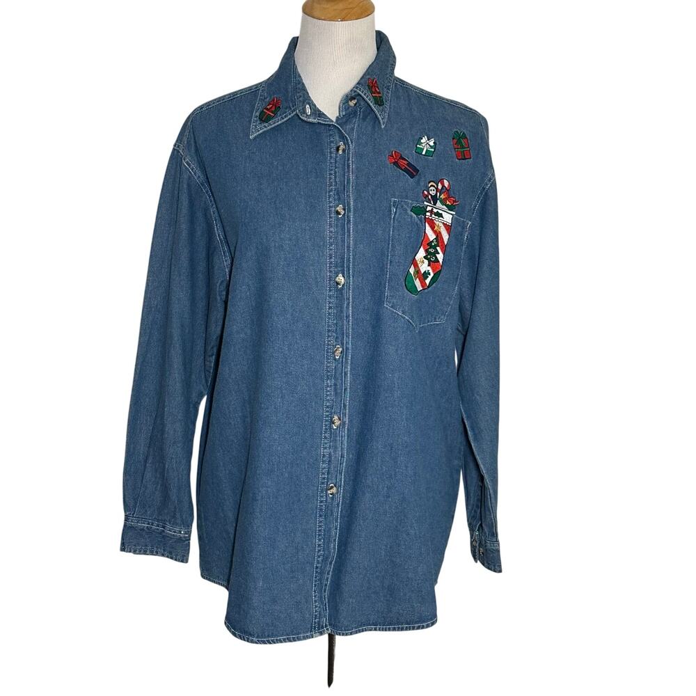 Tantrum Blues women's size M denim 100% cotton long sleeve Christmas shirt